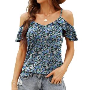 imageBlingfit Women Summer Cold Shoulder Tops Loose V Neck Short Sleeve Blouses Sexy Casual Ruffle Sleeves Tunic Shirts SXXLAblue Flower