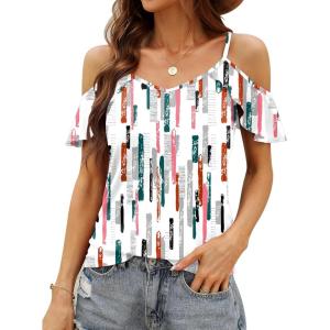 imageBlingfit Women Summer Cold Shoulder Tops Loose V Neck Short Sleeve Blouses Sexy Casual Ruffle Sleeves Tunic Shirts SXXLActs