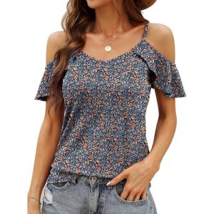 imageBlingfit Women Summer Cold Shoulder Tops Loose V Neck Short Sleeve Blouses Sexy Casual Ruffle Sleeves Tunic Shirts SXXLAnavy Blue Flower