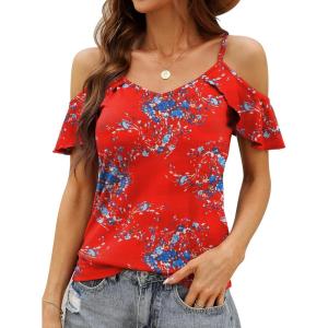 imageBlingfit Women Summer Cold Shoulder Tops Loose V Neck Short Sleeve Blouses Sexy Casual Ruffle Sleeves Tunic Shirts SXXLAred Flower2