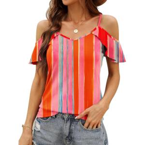 imageBlingfit Women Summer Cold Shoulder Tops Loose V Neck Short Sleeve Blouses Sexy Casual Ruffle Sleeves Tunic Shirts SXXLArts