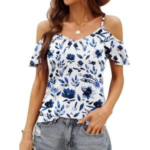 imageBlingfit Women Summer Cold Shoulder Tops Loose V Neck Short Sleeve Blouses Sexy Casual Ruffle Sleeves Tunic Shirts SXXLAwblp