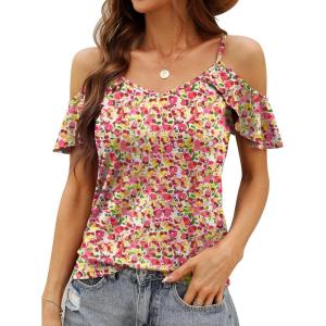 imageBlingfit Women Summer Cold Shoulder Tops Loose V Neck Short Sleeve Blouses Sexy Casual Ruffle Sleeves Tunic Shirts SXXLAwhite Pink Flower