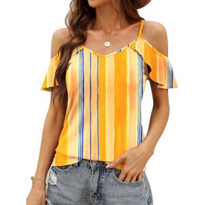 imageBlingfit Women Summer Cold Shoulder Tops Loose V Neck Short Sleeve Blouses Sexy Casual Ruffle Sleeves Tunic Shirts SXXLAyts