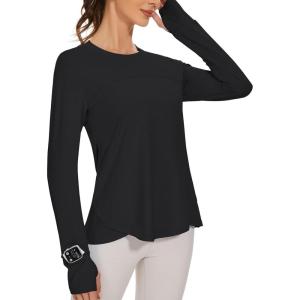 imageBlingfit Womens Workout Tops Long Sleeve Running Hiking Athletic Gym Shirts Lightweight UPF50 UV Rash Guard Sun ProtectionBlack