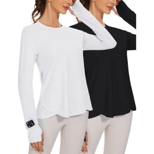 imageBlingfit Womens Workout Tops Long Sleeve Running Hiking Athletic Gym Shirts Lightweight UPF50 UV Rash Guard Sun ProtectionBlack White