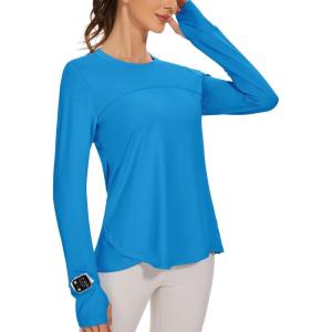 imageBlingfit Womens Workout Tops Long Sleeve Running Hiking Athletic Gym Shirts Lightweight UPF50 UV Rash Guard Sun ProtectionBlue