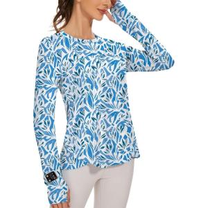 imageBlingfit Womens Workout Tops Long Sleeve Running Hiking Athletic Gym Shirts Lightweight UPF50 UV Rash Guard Sun ProtectionBlue Freesia