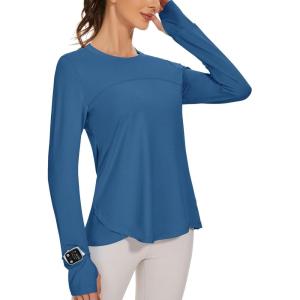 imageBlingfit Womens Workout Tops Long Sleeve Running Hiking Athletic Gym Shirts Lightweight UPF50 UV Rash Guard Sun ProtectionDarkblue