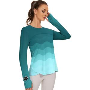 imageBlingfit Womens Workout Tops Long Sleeve Running Hiking Athletic Gym Shirts Lightweight UPF50 UV Rash Guard Sun ProtectionGgf
