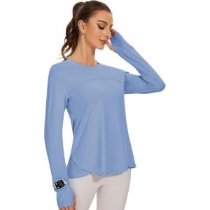 imageBlingfit Womens Workout Tops Long Sleeve Running Hiking Athletic Gym Shirts Lightweight UPF50 UV Rash Guard Sun ProtectionHazel Blue