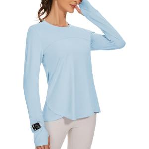 imageBlingfit Womens Workout Tops Long Sleeve Running Hiking Athletic Gym Shirts Lightweight UPF50 UV Rash Guard Sun ProtectionLight Blue