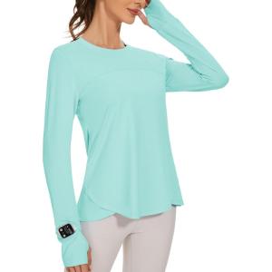 imageBlingfit Womens Workout Tops Long Sleeve Running Hiking Athletic Gym Shirts Lightweight UPF50 UV Rash Guard Sun ProtectionLight Green