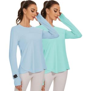 imageBlingfit Womens Workout Tops Long Sleeve Running Hiking Athletic Gym Shirts Lightweight UPF50 UV Rash Guard Sun ProtectionLight Green Light Blue