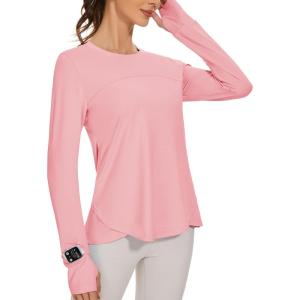 imageBlingfit Womens Workout Tops Long Sleeve Running Hiking Athletic Gym Shirts Lightweight UPF50 UV Rash Guard Sun ProtectionPink