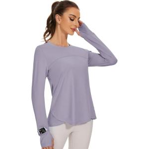 imageBlingfit Womens Workout Tops Long Sleeve Running Hiking Athletic Gym Shirts Lightweight UPF50 UV Rash Guard Sun ProtectionPuple Gray