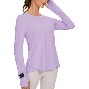 imageBlingfit Womens Workout Tops Long Sleeve Running Hiking Athletic Gym Shirts Lightweight UPF50 UV Rash Guard Sun ProtectionPurple
