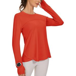 imageBlingfit Womens Workout Tops Long Sleeve Running Hiking Athletic Gym Shirts Lightweight UPF50 UV Rash Guard Sun ProtectionTomato Red