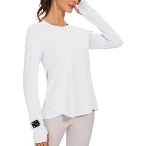 imageBlingfit Womens Workout Tops Long Sleeve Running Hiking Athletic Gym Shirts Lightweight UPF50 UV Rash Guard Sun ProtectionWhite