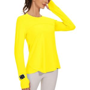imageBlingfit Womens Workout Tops Long Sleeve Running Hiking Athletic Gym Shirts Lightweight UPF50 UV Rash Guard Sun ProtectionYellow