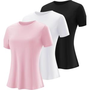 imageBlingfit Workout Tops for Women Short Sleeve Yoga Shirts Sports Gym Tshirts Quick Drying Running Top UPF 80 Sun ProtectionBblackwhitelight Pink