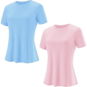 imageBlingfit Workout Tops for Women Short Sleeve Yoga Shirts Sports Gym Tshirts Quick Drying Running Top UPF 80 Sun ProtectionLight Bluelight Pink