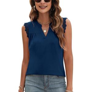 imageBlingfit Womens V Neck Guipure Lace Tank Tops Sleeveless Dressy Blouses Summer Casual SolidFloral Tunic ShirtsAdark Blue
