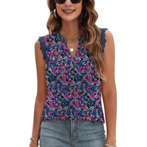 imageBlingfit Womens V Neck Guipure Lace Tank Tops Sleeveless Dressy Blouses Summer Casual SolidFloral Tunic ShirtsBblack Pink Floral