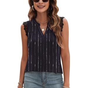 imageBlingfit Womens V Neck Guipure Lace Tank Tops Sleeveless Dressy Blouses Summer Casual SolidFloral Tunic ShirtsBblack Striped