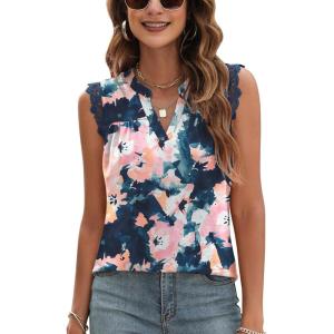 imageBlingfit Womens V Neck Guipure Lace Tank Tops Sleeveless Dressy Blouses Summer Casual SolidFloral Tunic ShirtsBblue Pink Floral