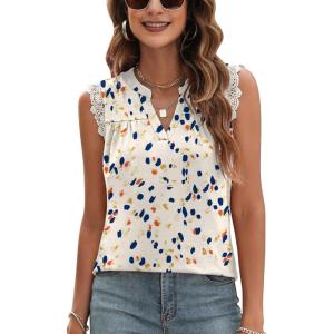 imageBlingfit Womens V Neck Guipure Lace Tank Tops Sleeveless Dressy Blouses Summer Casual SolidFloral Tunic ShirtsBlight Apricot Printed