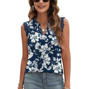 imageBlingfit Womens V Neck Guipure Lace Tank Tops Sleeveless Dressy Blouses Summer Casual SolidFloral Tunic ShirtsBnavy White Floral