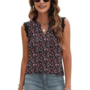 imageBlingfit Womens V Neck Guipure Lace Tank Tops Sleeveless Dressy Blouses Summer Casual SolidFloral Tunic ShirtsBpink Floral
