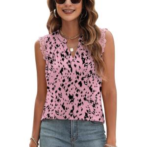 imageBlingfit Womens V Neck Guipure Lace Tank Tops Sleeveless Dressy Blouses Summer Casual SolidFloral Tunic ShirtsBpink Leopard