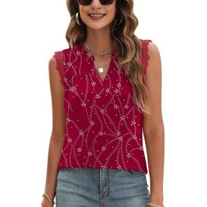 imageBlingfit Womens V Neck Guipure Lace Tank Tops Sleeveless Dressy Blouses Summer Casual SolidFloral Tunic ShirtsBwine Red Floral