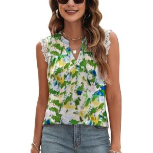imageBlingfit Womens V Neck Guipure Lace Tank Tops Sleeveless Dressy Blouses Summer Casual SolidFloral Tunic ShirtsByellow Green Printed